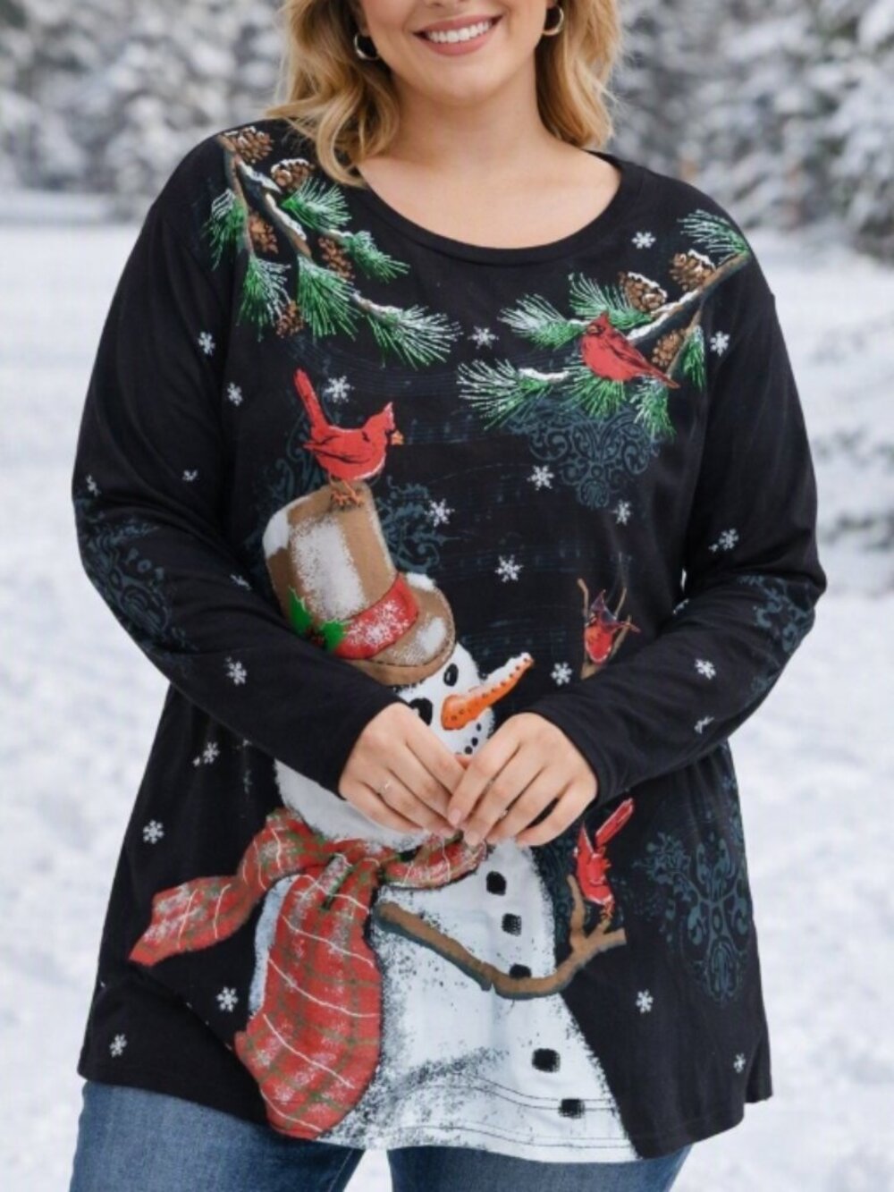 Morning Sun Hand‑Painted Snowman Cardinal Top Shirt Plus 2X Holiday Folk Art